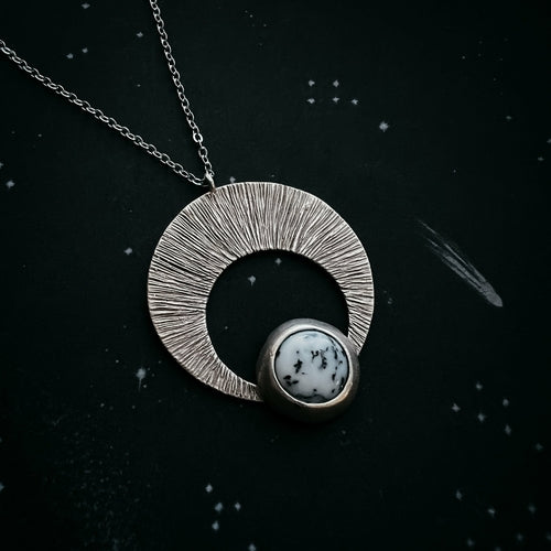 Crescent Moon Pendant with Dendritic Agate, gold moon necklace, silver moon necklace