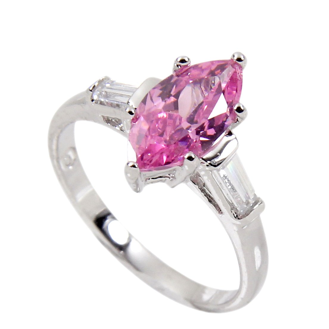 Sterling Silver Luscious Pink Marquise Tapered Side Baguettes Ring