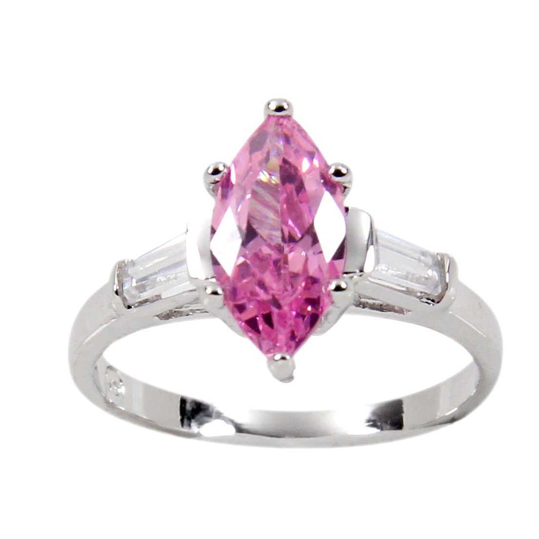 Sterling Silver Luscious Pink Marquise Tapered Side Baguettes Ring