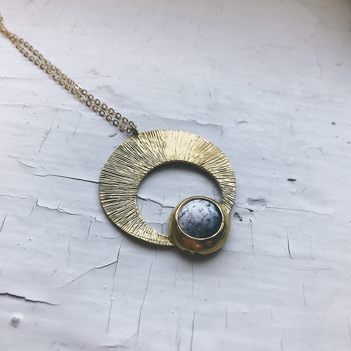Crescent Moon Pendant with Dendritic Agate, gold moon necklace, silver moon necklace