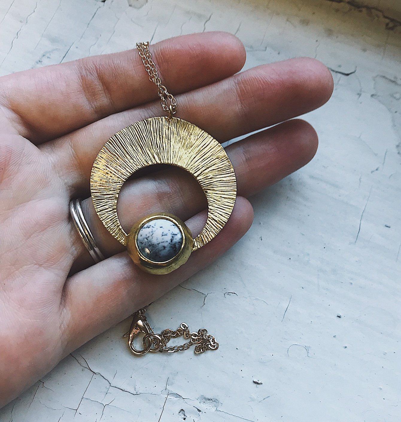 Crescent Moon Pendant with Dendritic Agate, gold moon necklace, silver moon necklace