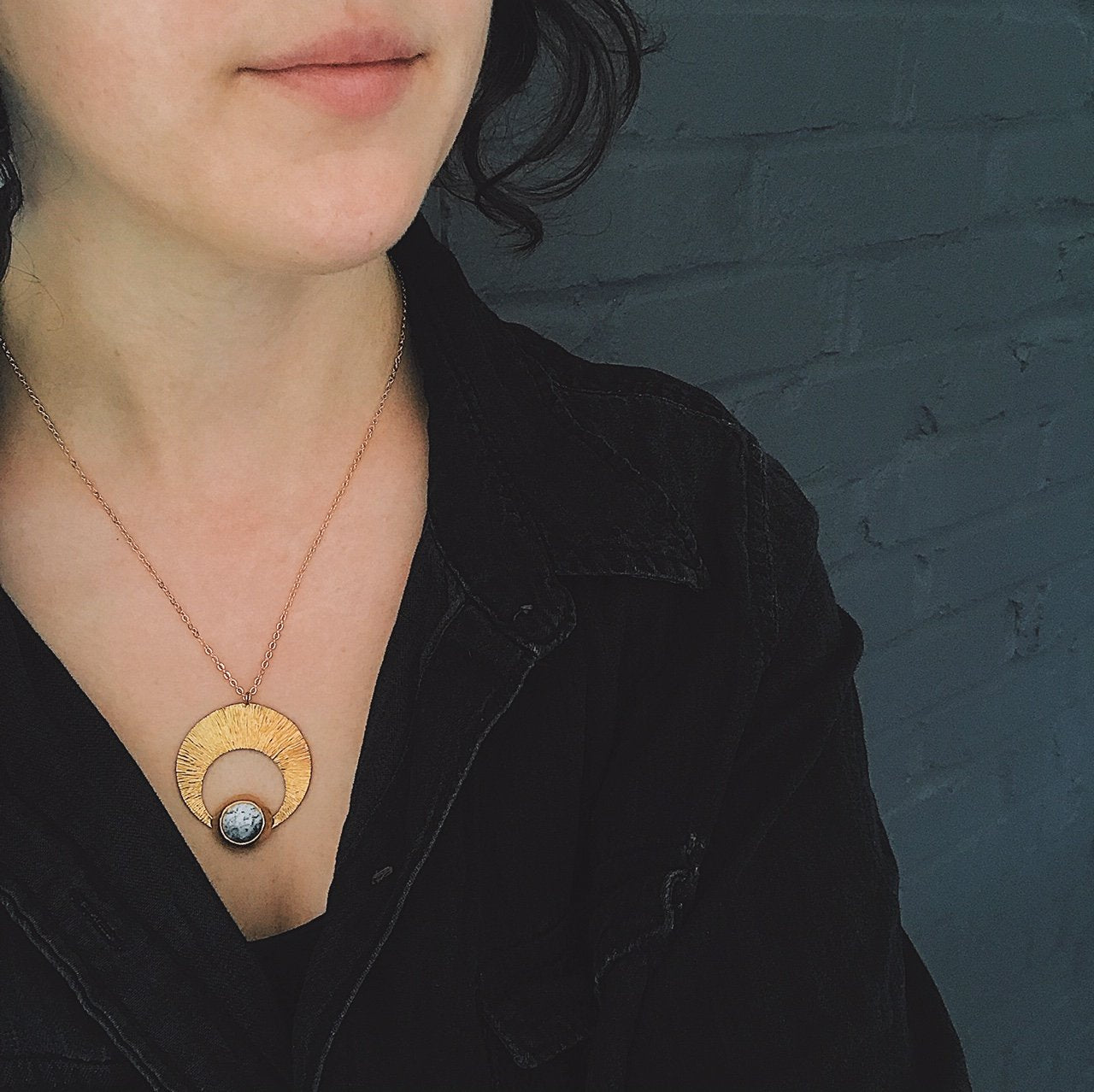 Crescent Moon Pendant with Dendritic Agate, gold moon necklace, silver moon necklace