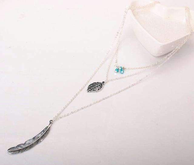 Turquoise Leaf Feather Multi Layer Neckless Vintage