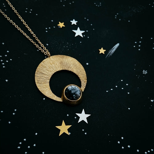 Crescent Moon Pendant with Dendritic Agate, gold moon necklace, silver moon necklace