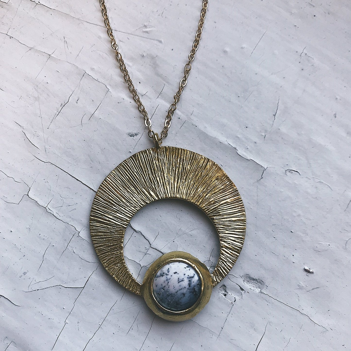 Crescent Moon Pendant with Dendritic Agate, gold moon necklace, silver moon necklace