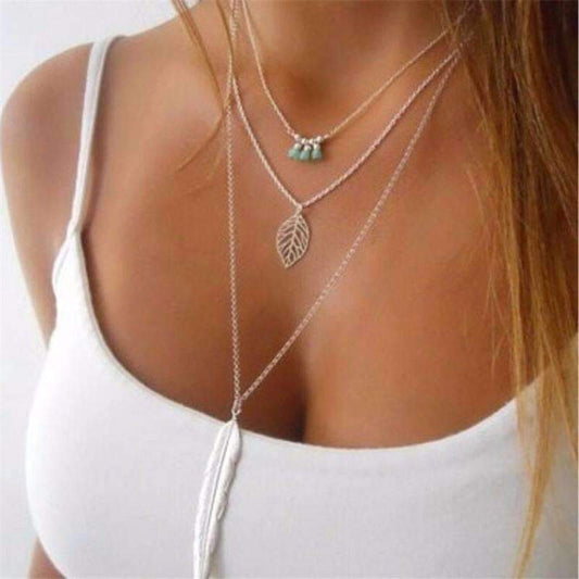 Turquoise Leaf Feather Multi Layer Neckless Vintage 